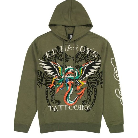 Ed Hardy Other - ED HARDY Hoodie Men's S Green Dragon Wings Tiger Tattoo Pullover Sweater New NWT